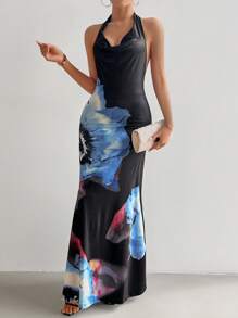 SHEIN Privé In hoa Halterneck cổ áo xếp nếp Không lưng Cà vạt Đầm - Nhiều màu - Xem 5