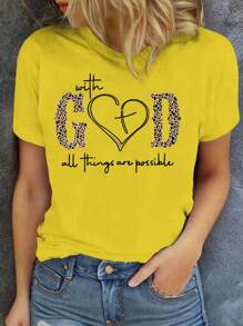 SHEIN LUNE 女式豹纹图案和字母印花短袖 T 恤，带有 GOD All Things Are Possible 图案猎豹印花 T 恤女式上衣 - 黃色 - 查看 1