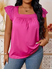 Calvaya Plus Size Women's Square Neck Short Flutter Sleeve T-Shirt - Hot Pink - View 4