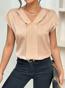 SHEIN Essnce Của phụ nữ Màu thuần Cổ chữ V Batwing Ngắn tay Áo sơ mi - Rượu sâm banh - Xem 1