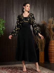 Modelyn Vestido De Manga Murciélago Para Mujer Con Estampado Floral Y Parches - Negro - Ver 4