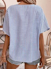 SHEIN Frenchy 女士條紋蝙蝠袖襯衫 - 藍白色 - 查看 5