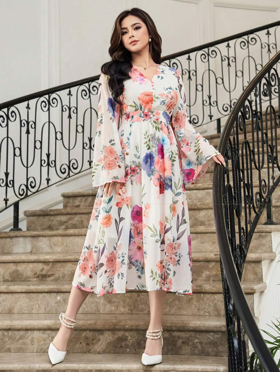 DAZY Vestido Estampado Floral Con Cuello En V Y Mangas Anchas, Estilo De Vacaciones - Multicolor - Ver 1