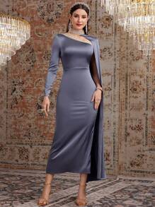 Modelyn 女士镂空立领编织饰边拼布连衣裙，优雅晚会礼服长款晚礼服 - 灰色 - 查看 8