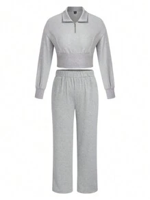 Calvaya 大碼拉鍊半排扣長袖運動上衣和運動長褲套裝 - 淺灰色 - 查看 1