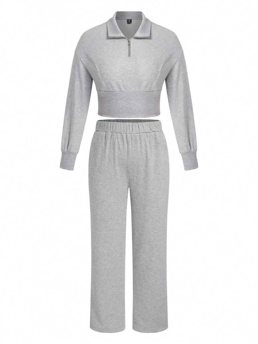 Calvaya 大碼拉鍊半排扣長袖運動上衣和運動長褲套裝 - 淺灰色 - 查看 1