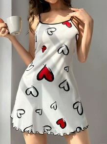 Colorblock Heart Printed Cami Pajama Dress With Lace Trim - White - View 1
