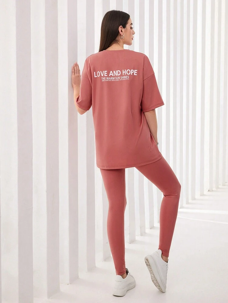 Women's Letter Print Drop Shoulder T-Shirt And Long Pants Set 2 Pieces Set