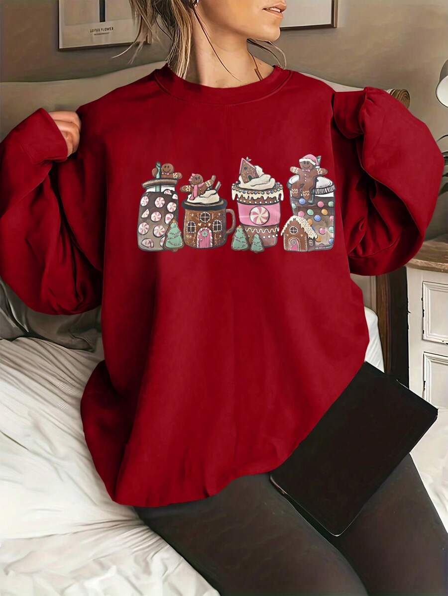 Flirla Plus Size Cartoon Graphic Long Sleeve Sweatshirt Graduation,Back To School,Teacher Pullover Fall Winter Autumn - Burgundy - View 1