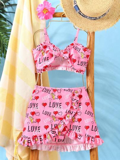 TOM & JERRY X SHEIN Tween Girl Heart Balloon & Cartoon Mouse Print Frill Trim Bikini Set With Swim Brief & Skirt 3pcs Swimwear Summer Beach