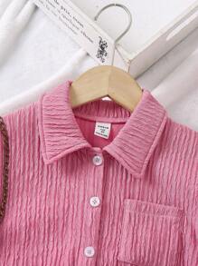 Trẻ Cô gái Màu thuần Ngắn tay Áo sơ mi Và Bộ quần short - Hồng - Xem 4