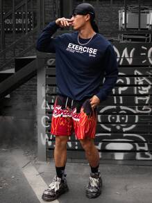 Manfinity Sport Corelite Boyfriend Style Men's Long Sleeve Sports Sweatshirt With Letter Print Boyfriend Style Men Sweatshirt - Blue - View 4