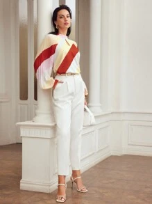 MOTF PREMIUM DRAPED COLOBLOCK KEYHOLE NECKLINE BLOUSE - Multicolor - View 6