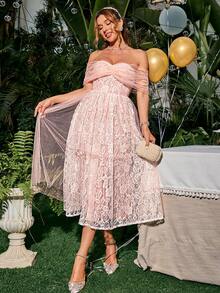 Glamaker Women's Off Shoulder Lace Cocktail Party Formal Dress - Pink - View 7