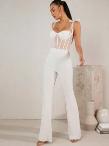 L'Amorae Women's Mesh Contrast Shoulder Tie Jumpsuit - White - View 1