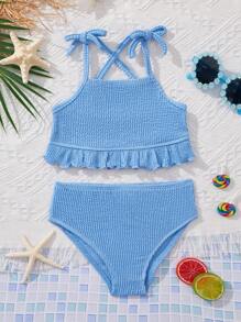 SHEIN Leap Crew Young Girl Knitted Solid Color Tank Top & Triangle Shorts Bikini Set, 2pcs Summer Beach - Blue - View 1