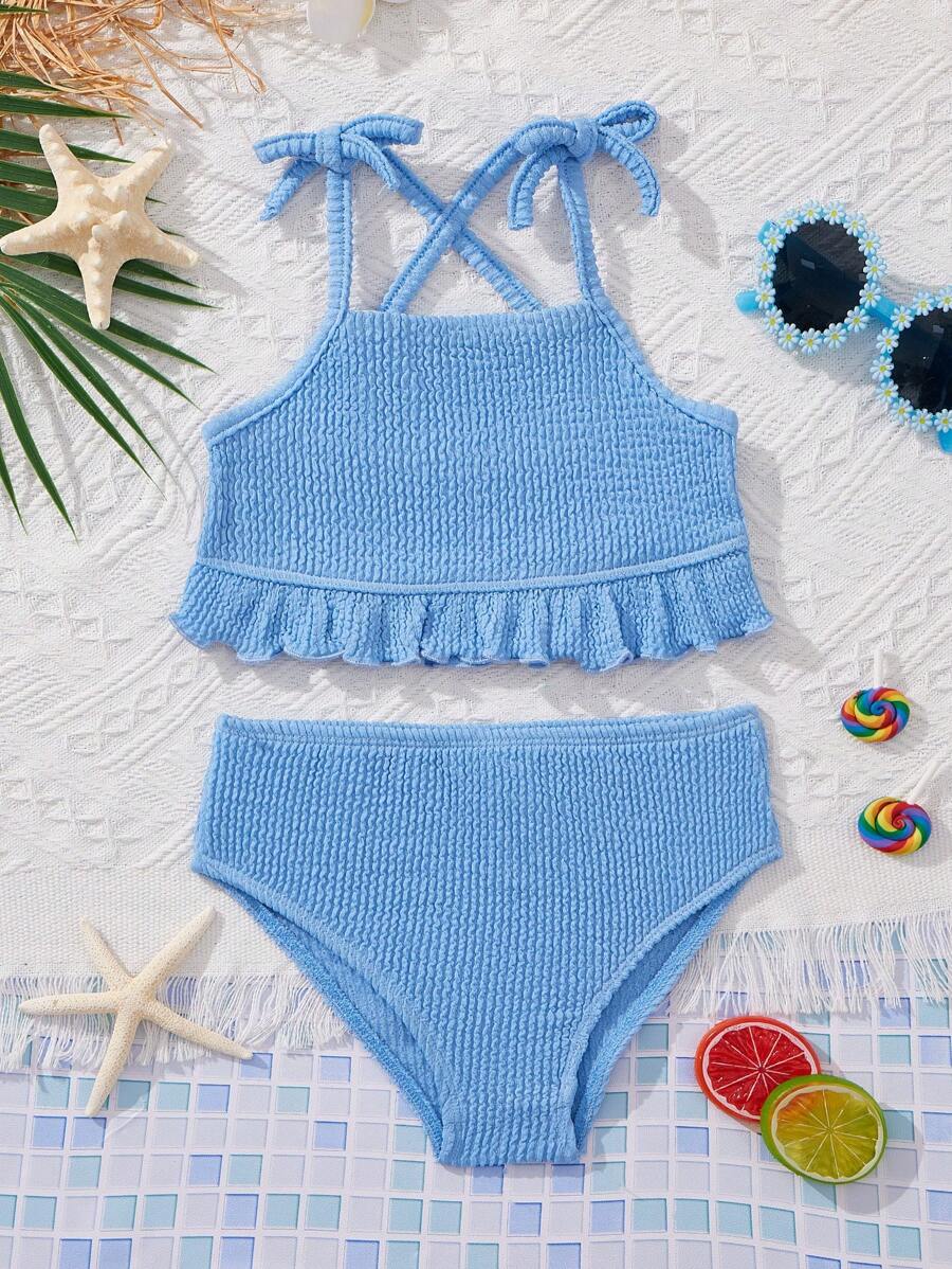 SHEIN Leap Crew Young Girl Knitted Solid Color Tank Top & Triangle Shorts Bikini Set, 2pcs Summer Beach - Blue - View 1