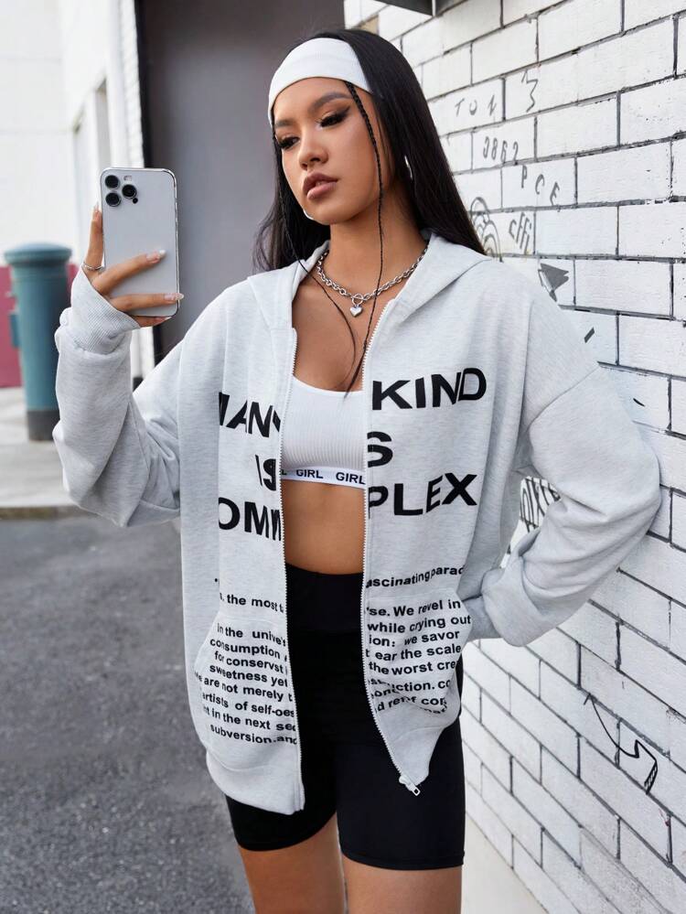 Hooded Sports Jacket With Front Zipper And Slogan Print