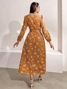 Mulvari Women's Floral Printed Dress With Suit Collar And Long Sleeves - Yellow - View 2