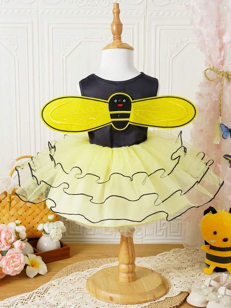 Baby Girl Cute And Funny Bee Top And Tulle Dress With Wing-Shaped Back Clothes