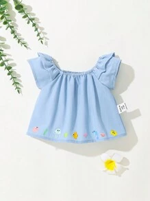 SHEIN Newborn Baby Girl Summer Casual Round Neck Blouse With Fish Pattern And Ruffle Trim - Blue - View 1