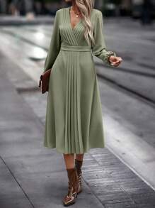 SHEIN Clasi Solid Pleated Detail Surplice Neck A-line Dress - Green - View 1