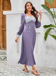 Seusyu Women's Floral Printed Patchwork Criss-Cross Strap Dress - Purple - View 8