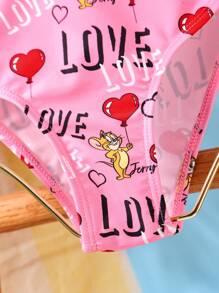 TOM & JERRY X SHEIN Tween Girl Heart Balloon & Cartoon Mouse Print Frill Trim Bikini Set With Swim Brief & Skirt 3pcs Swimwear Summer Beach - Pink - View 4