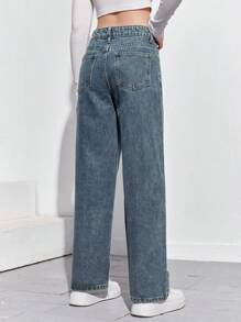 SHEIN Jeans Casuales De Pierna Recta Para Chicas Adolescentes - Azul lavado medio - Ver 2
