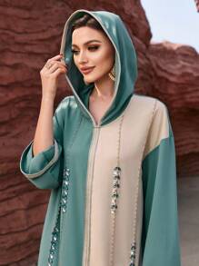 Al Najma Color Block Rhinestone Decorated Knitted Ribbon Splice Hoodie Modest Dress Elegant Luxury Long Sleeve - Multicolor - View 2