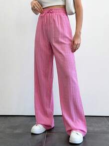 EURMUSE Women's Drawstring Waist Wide Leg Casual Pants - Pink - View 4