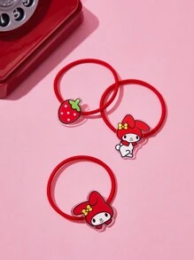 HELLO KITTY AND FRIENDS | SHEIN 3 件套卡通兔子和草莓装饰弹力发带、红色发圈、马尾辫夹、发圈 - 紅色 - 查看 6