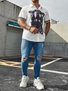 Manfinity Homme قميص مخطط لرجال كبار الحجم مع طبعات الكلاب