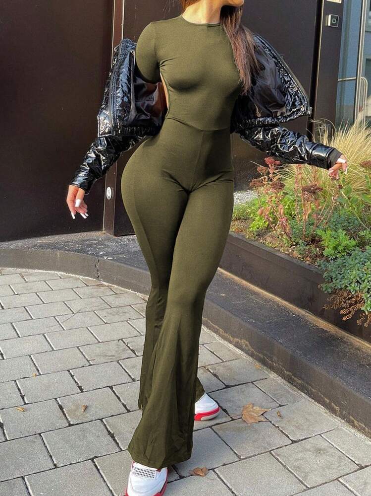 SHEIN ICON 女士纯色露背喇叭连体裤 - 軍綠色 - 查看 2