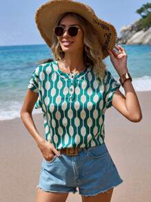 SHEIN Frenchy Của phụ nữ tay cánh In Áo sơ mi - màu xanh lá - Xem 2