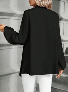 SHEIN Clasi 女士純色燈籠袖領帶不對稱下擺襯衫 - 黑色 - 查看 3