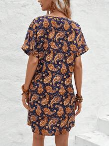 SHEIN LUNE Váy ngắn tay lệch vai cổ chữ V in họa tiết Paisley - Nhiều màu - Xem 2