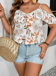 SHEIN Frenchy Plus Size Hollow Out Shoulder Ruffle Hem Summer Blouse Music Festival Country Concert Tops - Multicolor - View 5