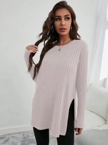 SHEIN Cottnline Jersey De Punto Asimétrico Con Dobladillo Alto-bajo Y Abertura Lateral - Rosa vieja - Ver 3