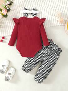女婴荷叶边装饰连体衣和千鸟格印花蝴蝶结前裤和头带，适合圣诞节 - 紅色 - 查看 2