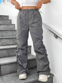 SHEIN Unity 女裝側褶高腰束腰長褲 - 灰色 - 查看 1