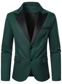 Manfinity Mode Conjunto de chaqueta y pantalones de traje de boda de manga larga con bloques de color para hombre - Verde - Ver 3