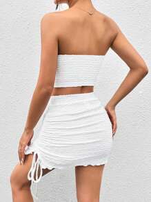 SHEIN EZwear Conjunto de top y falda de punto blanco ajustado para mujeres - Blanco - Ver 2