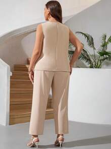 SHEIN Clasi Plus Size Double Breasted Wrap Top And Pants Set - Apricot - View 2