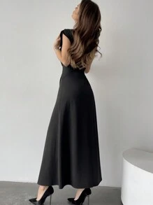 Firerie Solid Color A-Line Waist Cinched Long Dress Elegant Dress - Black - View 2