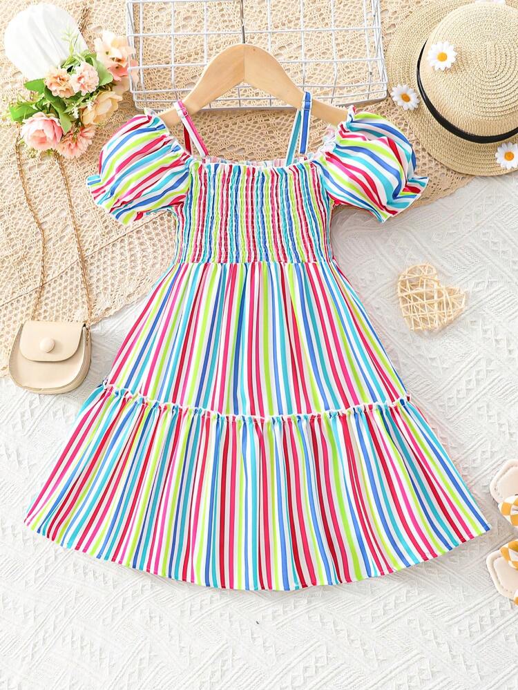 Young Girl's Cami Colorful Stripe Puff Sleeve Dress