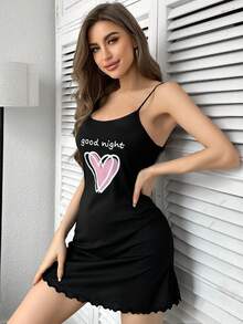 Camisón De Dormir Con Tirantes Con Estampado De Letras En Inglés Y Corazón - Negro - Ver 6