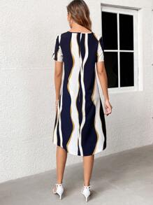 EMERY ROSE 女性夏季對比條紋凹口v領短袖連衣裙 - 彩色 - 查看 2