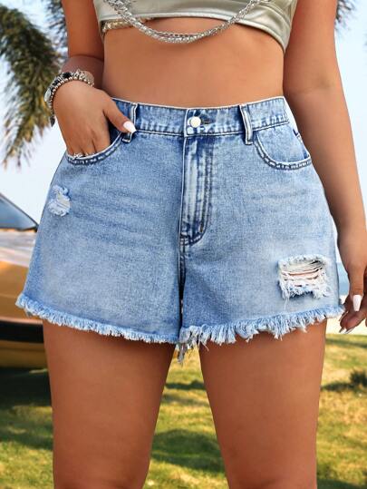 SHEIN ICON 大码洗水做旧牛仔短裤，夏季
