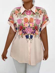 SHEIN LUNE Kích thước lớn In hoa Áo sơ mi - Màu be - Xem 5